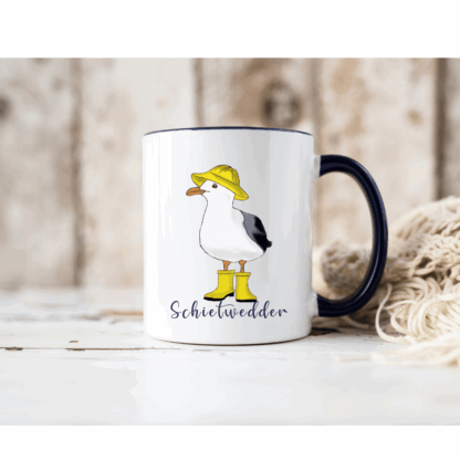 Maritime Kaffeetasse: Möwe im Regenmantel mit Schietwedder-Schriftzug – Bild 11