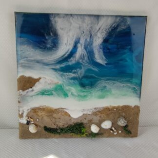 Strand und Meer auf Leinwand - 40x40 cm Epoxidharz-Kunstwerk mit Strand und Muscheln